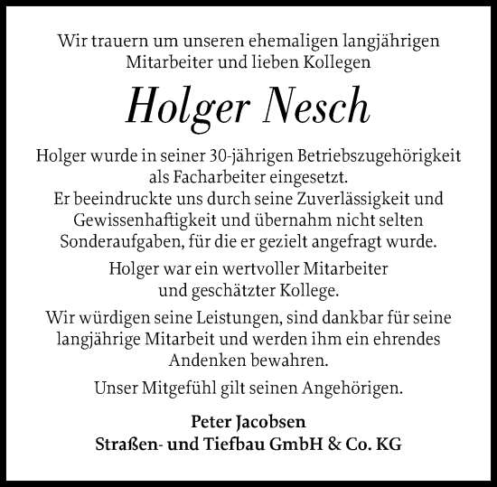 Traueranzeige von Holger Nesch von Region Westküste
