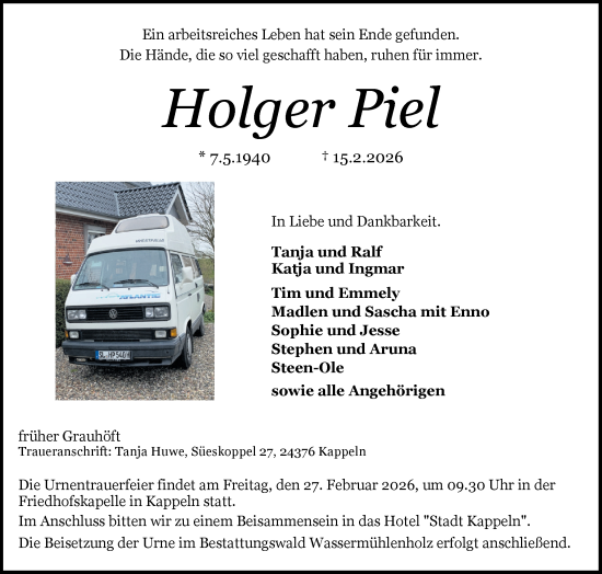 Traueranzeige von Holger Piel von Schleswiger Nachrichten, Schlei-Bote