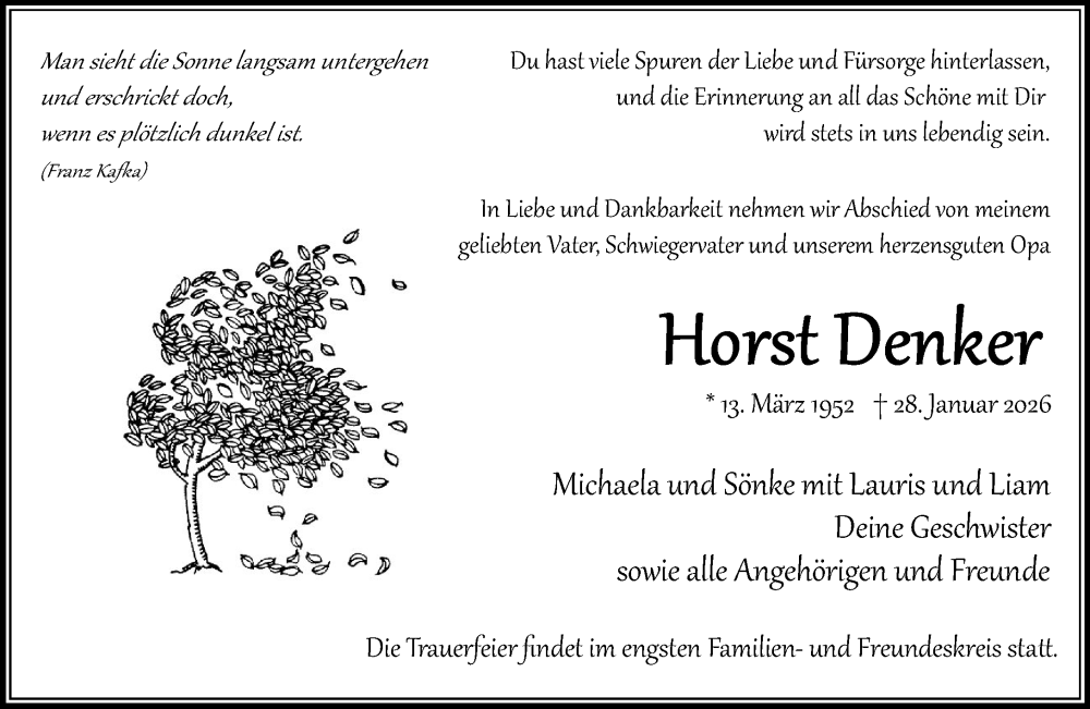  Traueranzeige für Horst Denker vom 07.02.2026 aus MARKT Bad Oldesloe/Reinfeld und Stormarner Tageblatt