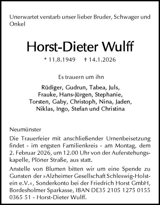 Traueranzeige von Horst-Dieter Wulff von Holsteinischer Courier