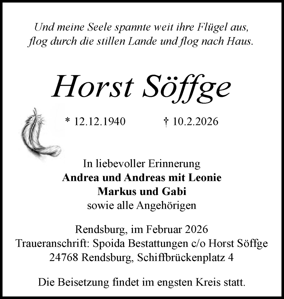  Traueranzeige für Horst Söffge vom 14.02.2026 aus Schleswig-Holsteinische Landeszeitung