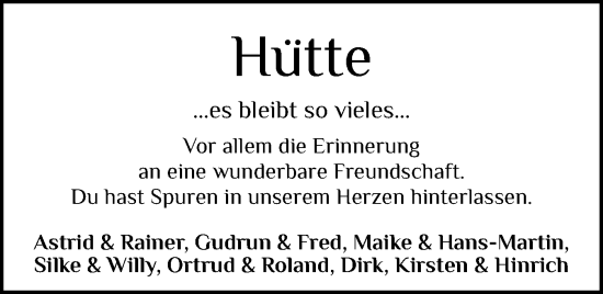 Traueranzeige von Hütte  von Schleswiger Nachrichten, Schlei-Bote