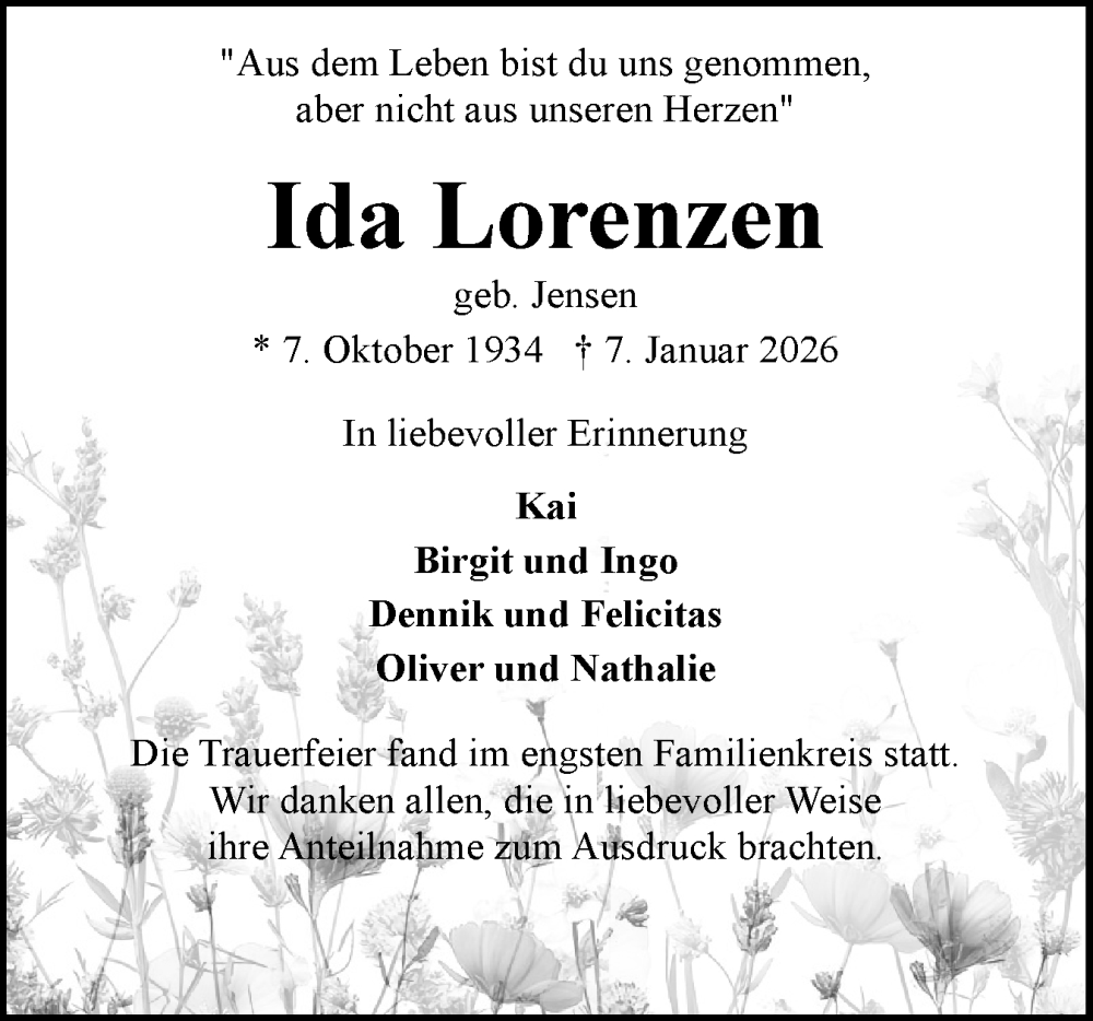  Traueranzeige für Ida Lorenzen vom 07.02.2026 aus Flensburger Tageblatt