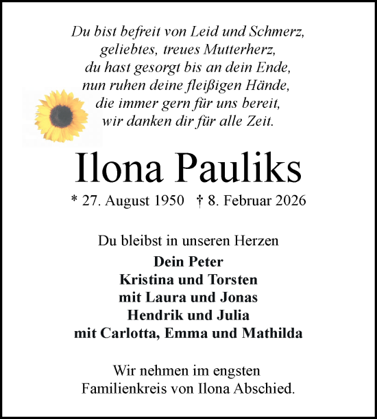 Traueranzeige von Ilona Pauliks von Schleswig-Holsteinische Landeszeitung