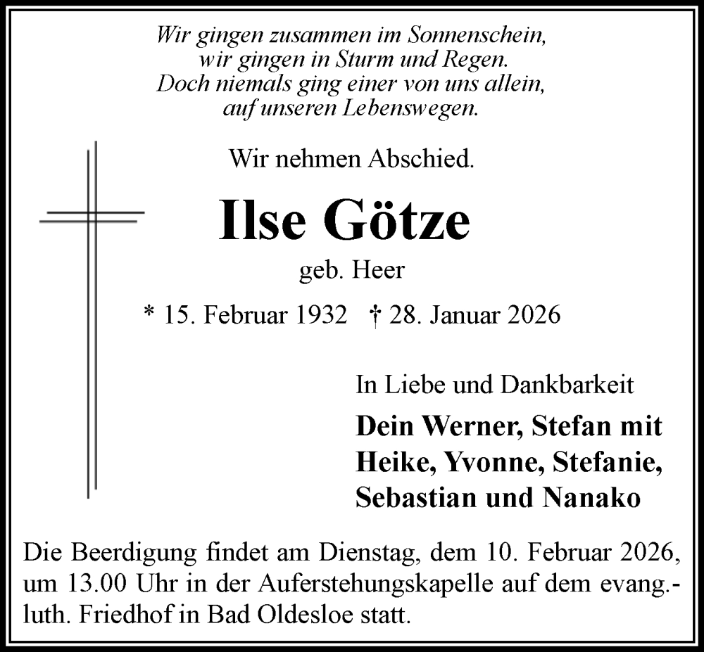 Traueranzeige für Ilse Götze vom 07.02.2026 aus MARKT Bad Oldesloe/Reinfeld und Stormarner Tageblatt