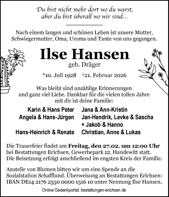 Traueranzeige von Ilse Hansen von Flensburger Tageblatt