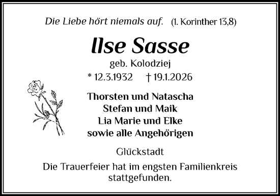 Traueranzeige von Ilse Sasse von Norddeutsche Rundschau, Wilstersche Zeitung, Glückstädter Fortuna