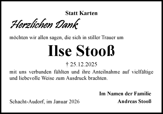 Traueranzeige von Ilse Stooß von Schleswig-Holsteinische Landeszeitung