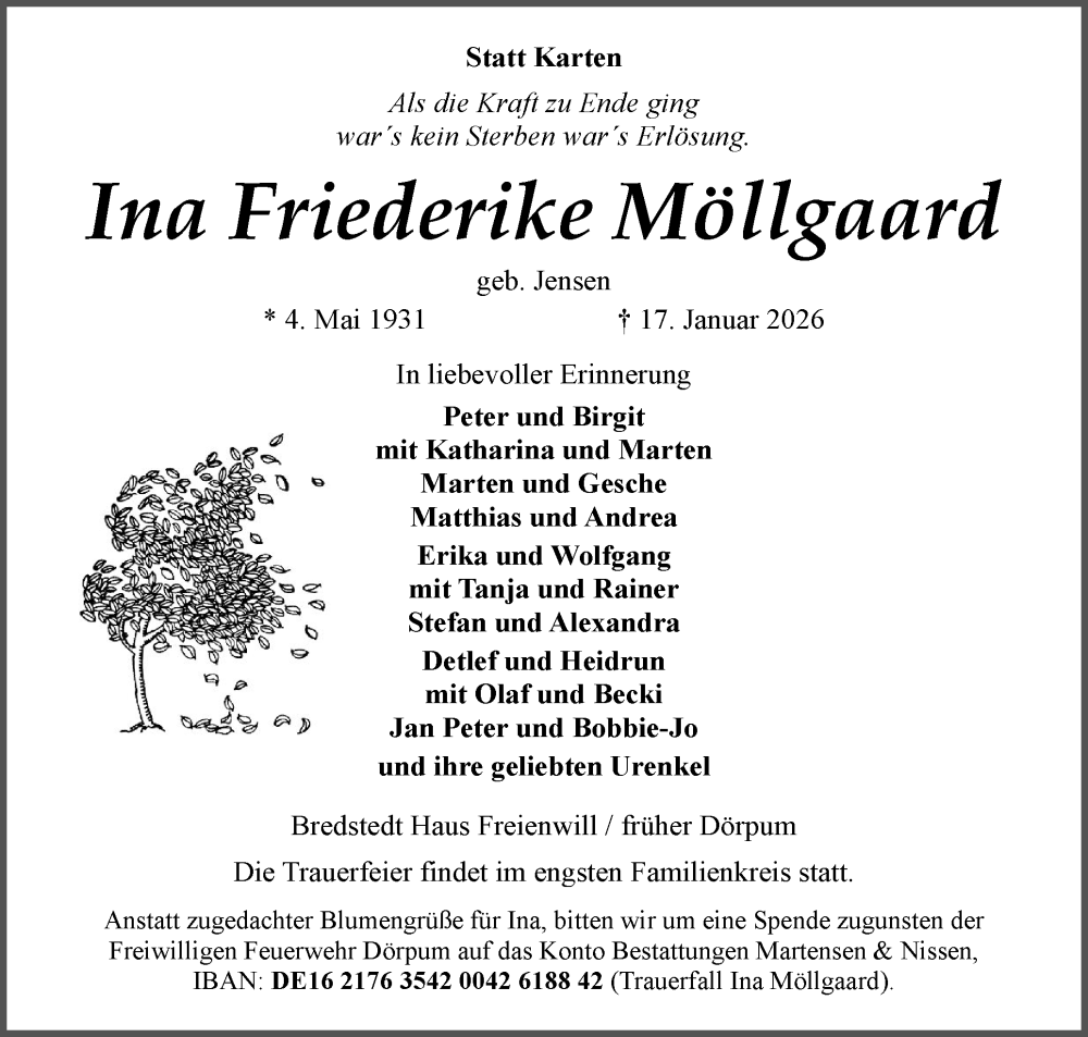  Traueranzeige für Ina Friederike Möllgaard vom 24.01.2026 aus Husumer Nachrichten, Nordfriesland Tageblatt