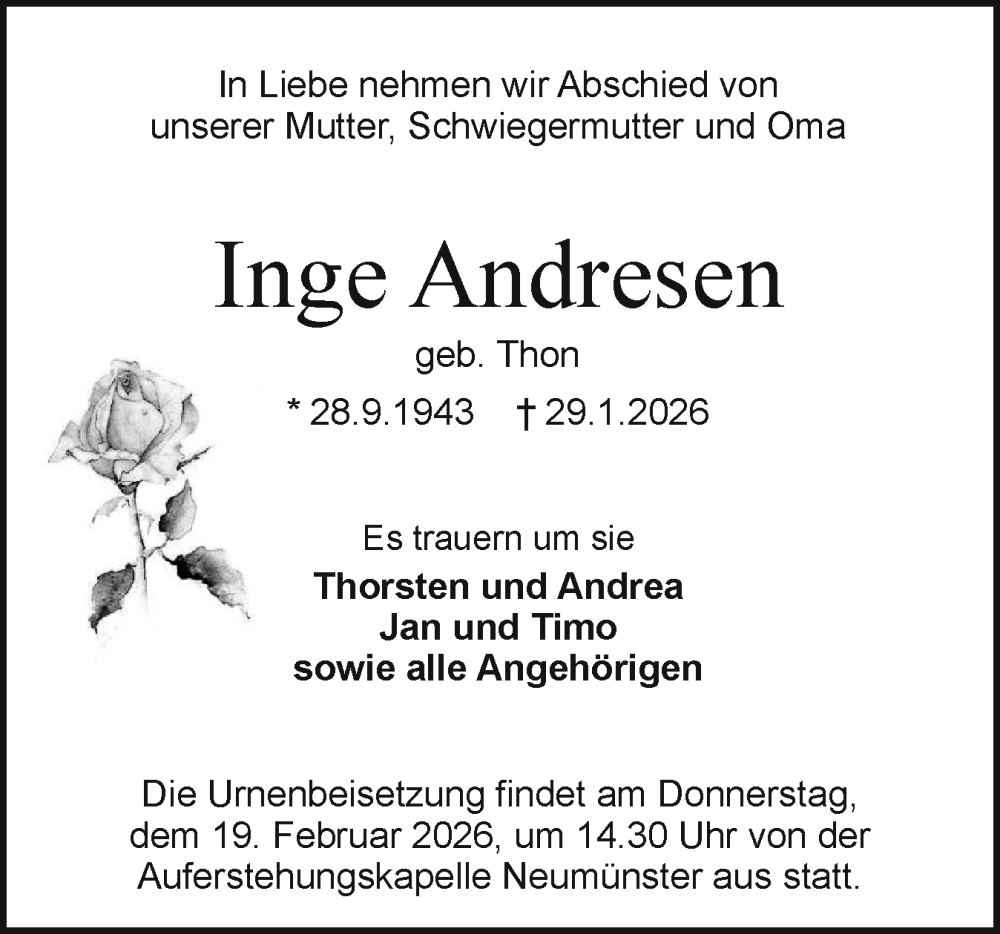  Traueranzeige für Inge Andresen vom 07.02.2026 aus Holsteinischer Courier
