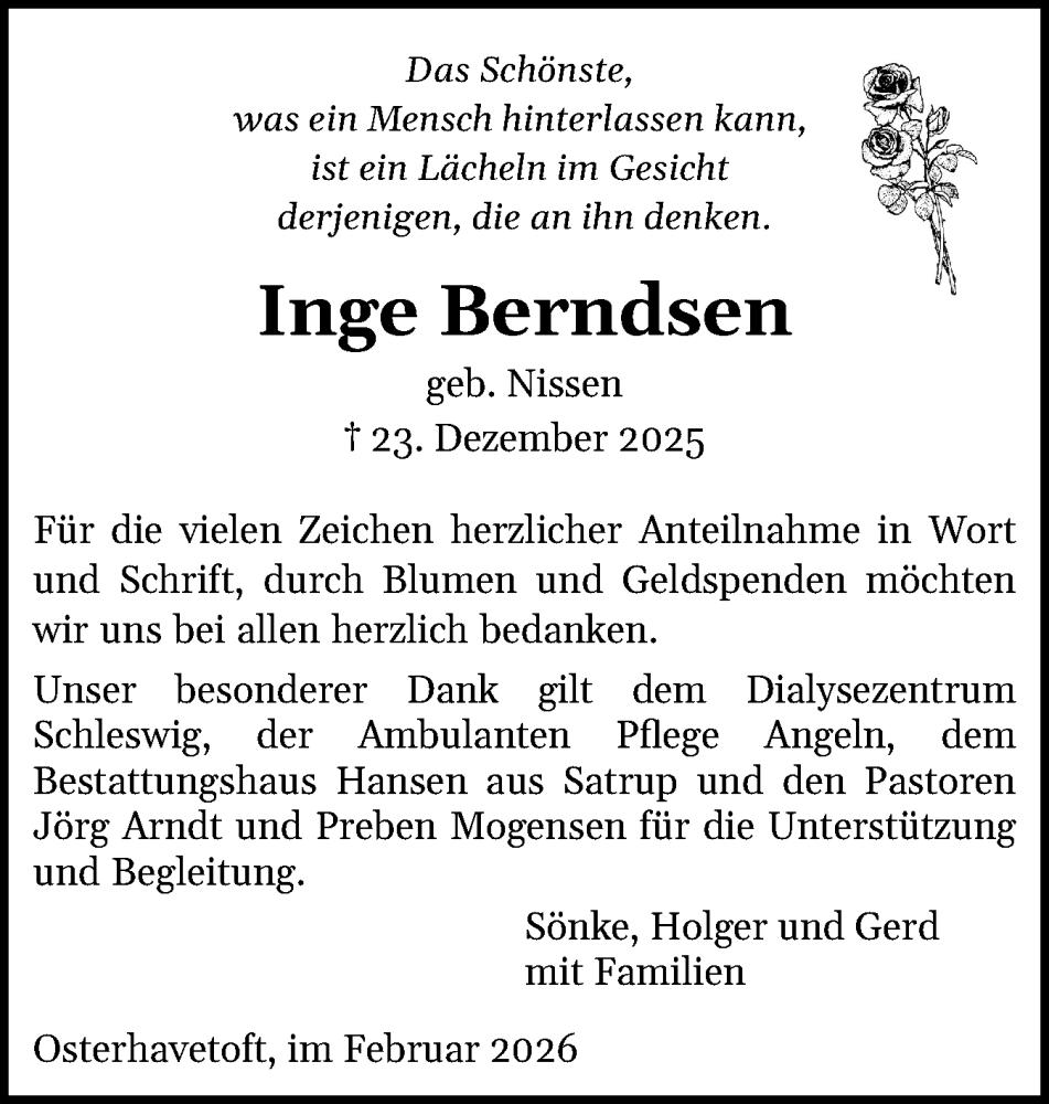  Traueranzeige für Inge Berndsen vom 14.02.2026 aus Flensburger Tageblatt, Schleswiger Nachrichten, Schlei-Bote