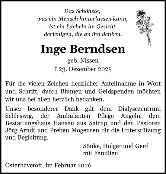 Traueranzeige von Inge Berndsen von Flensburger Tageblatt, Schleswiger Nachrichten, Schlei-Bote