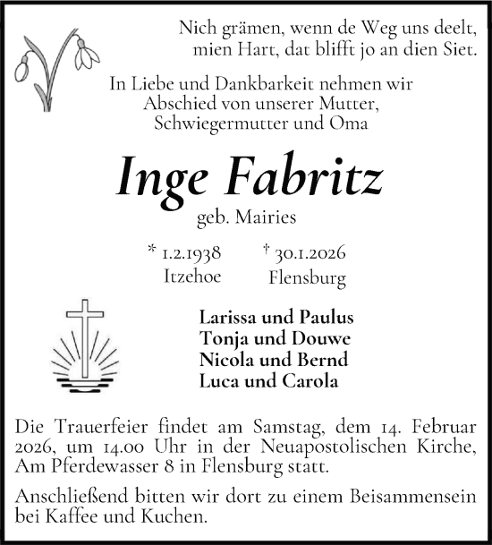 Traueranzeige von Inge Fabritz von Flensburger Tageblatt