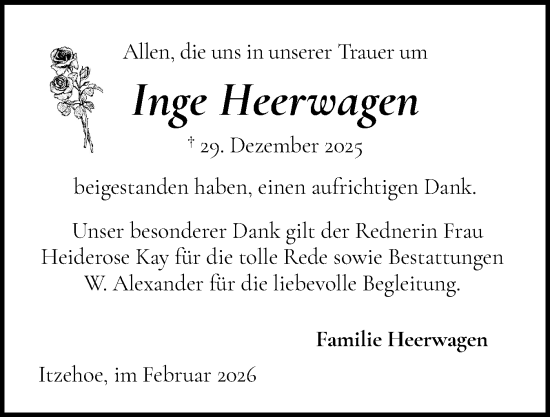 Traueranzeige von Inge Heerwagen von Norddeutsche Rundschau, Wilstersche Zeitung, Glückstädter Fortuna