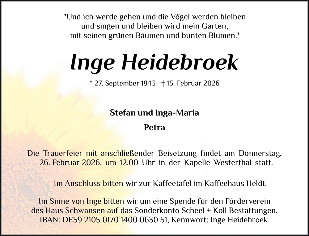  Traueranzeige für Inge Heidebroek vom 21.02.2026 aus Eckernförder Zeitung, Hallo Eckernförde