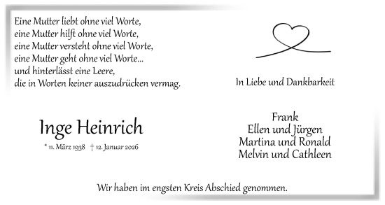 Traueranzeige von Inge Heinrich von Uetersener Nachrichten, Der tip am Wochenende