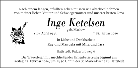 Traueranzeige von Inge Ketelsen von Husumer Nachrichten, Nordfriesland Tageblatt