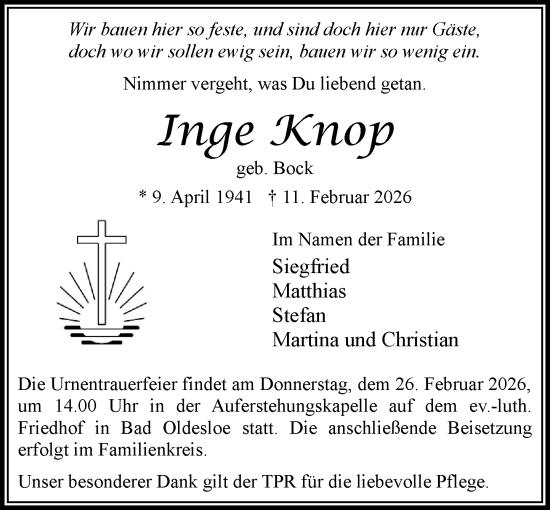 Traueranzeige von Inge Knop von MARKT Bad Oldesloe/Reinfeld und Stormarner Tageblatt