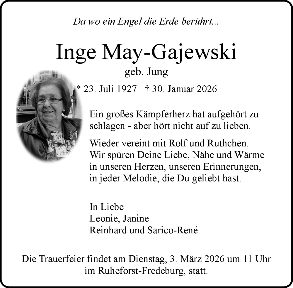  Traueranzeige für Inge May-Gajewski vom 21.02.2026 aus MARKT Ratzeburg/Mölln