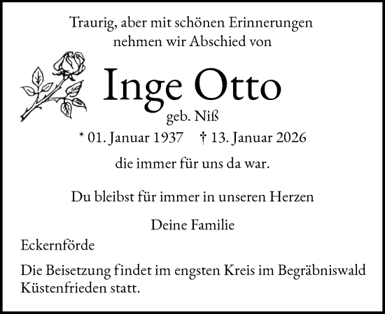 Traueranzeige von Inge Otto von Eckernförder Zeitung, Hallo Eckernförde
