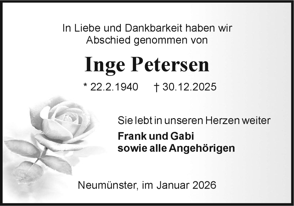  Traueranzeige für Inge Petersen vom 24.01.2026 aus Holsteinischer Courier