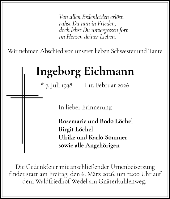 Traueranzeige von Ingeborg Eichmann von Wedel-Schulauer Tageblatt, tip Wedel-Schulauer Tageblatt, tip Rissener Rundschau