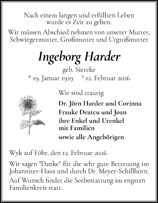 Traueranzeige von Ingeborg Harder von Der Insel-Bote