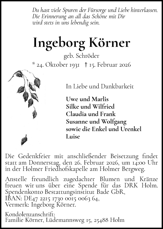 Traueranzeige von Ingeborg Körner von Wedel-Schulauer Tageblatt, tip Wedel-Schulauer Tageblatt, tip Rissener Rundschau