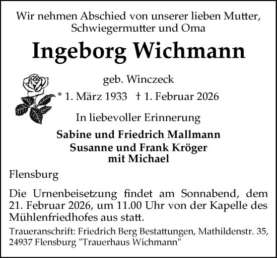Traueranzeige von Ingeborg Wichmann von Flensburger Tageblatt