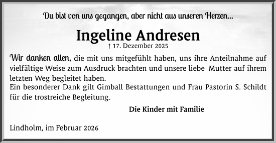 Traueranzeige von Ingeline Andresen von Husumer Nachrichten, Nordfriesland Tageblatt