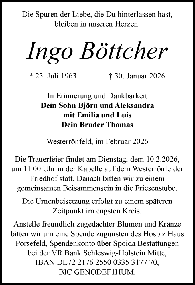  Traueranzeige für Ingo Böttcher vom 07.02.2026 aus Schleswig-Holsteinische Landeszeitung