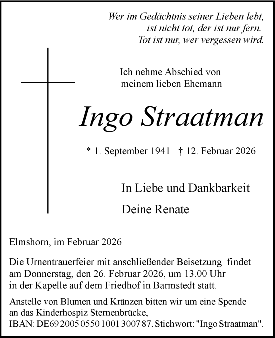 Traueranzeige von Ingo Straatman von Elmshorner Nachrichten, Barmstedter Zeitung