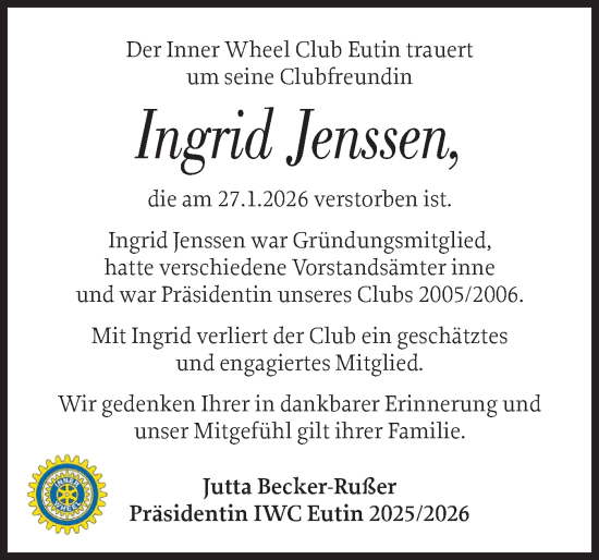 Traueranzeige von Ingrid Jenssen von Ostholsteiner Anzeiger