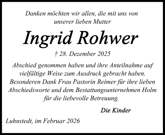 Traueranzeige von Ingrid Rohwer von Schleswig-Holsteinische Landeszeitung