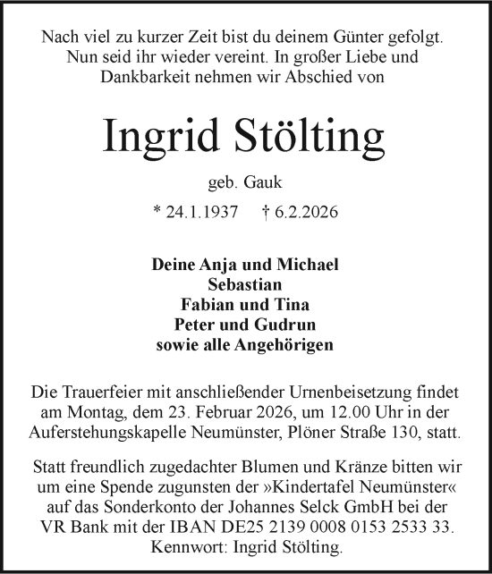 Traueranzeige von Ingrid Stölting von Holsteinischer Courier