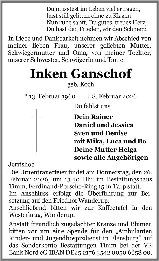 Traueranzeige von Inken Ganschof von Flensburger Tageblatt