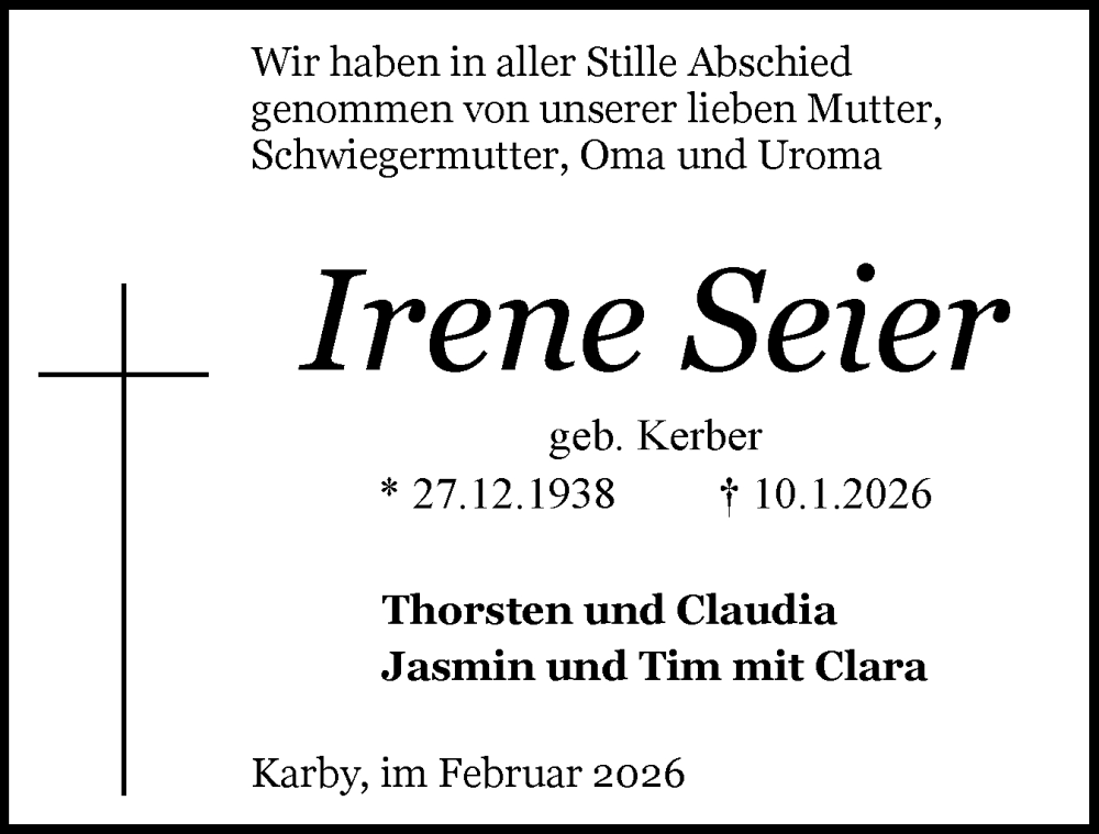  Traueranzeige für Irene Seiler vom 18.02.2026 aus Schleswiger Nachrichten, Schlei-Bote