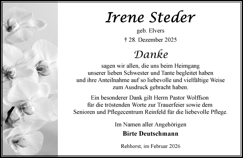  Traueranzeige für Irene Steder vom 07.02.2026 aus MARKT Bad Oldesloe/Reinfeld und Stormarner Tageblatt