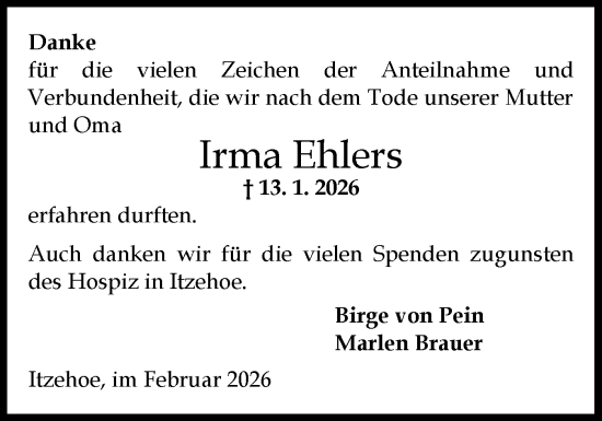 Traueranzeige von Irma Ehlers von Norddeutsche Rundschau, Wilstersche Zeitung, Glückstädter Fortuna