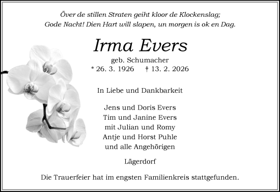 Traueranzeige von Irma Evers von Norddeutsche Rundschau, Wilstersche Zeitung, Glückstädter Fortuna
