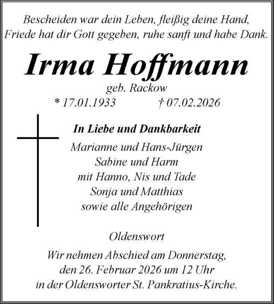 Traueranzeige von Irma Hoffmann von Husumer Nachrichten, Nordfriesland Tageblatt