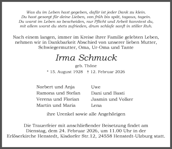 Traueranzeige von Irma Schmuck von Umschau
