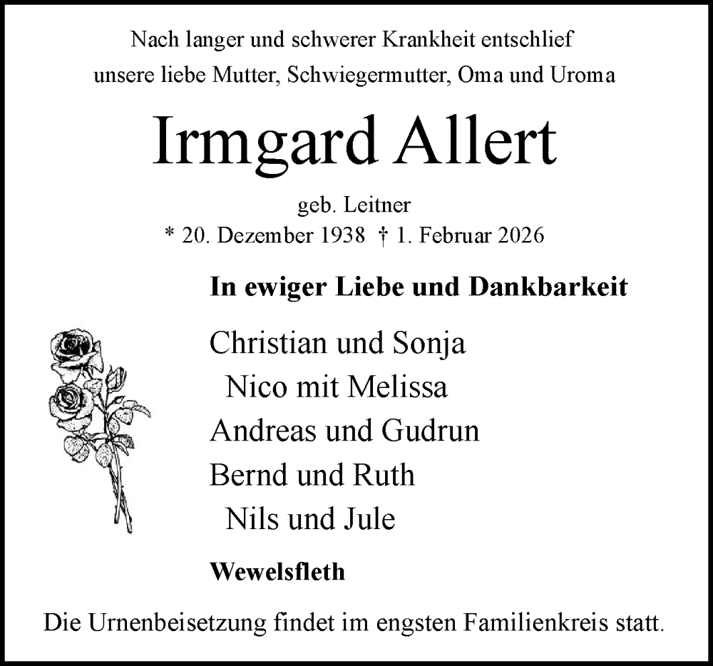  Traueranzeige für Irmgard Allert vom 07.02.2026 aus Norddeutsche Rundschau, Wilstersche Zeitung, Glückstädter Fortuna