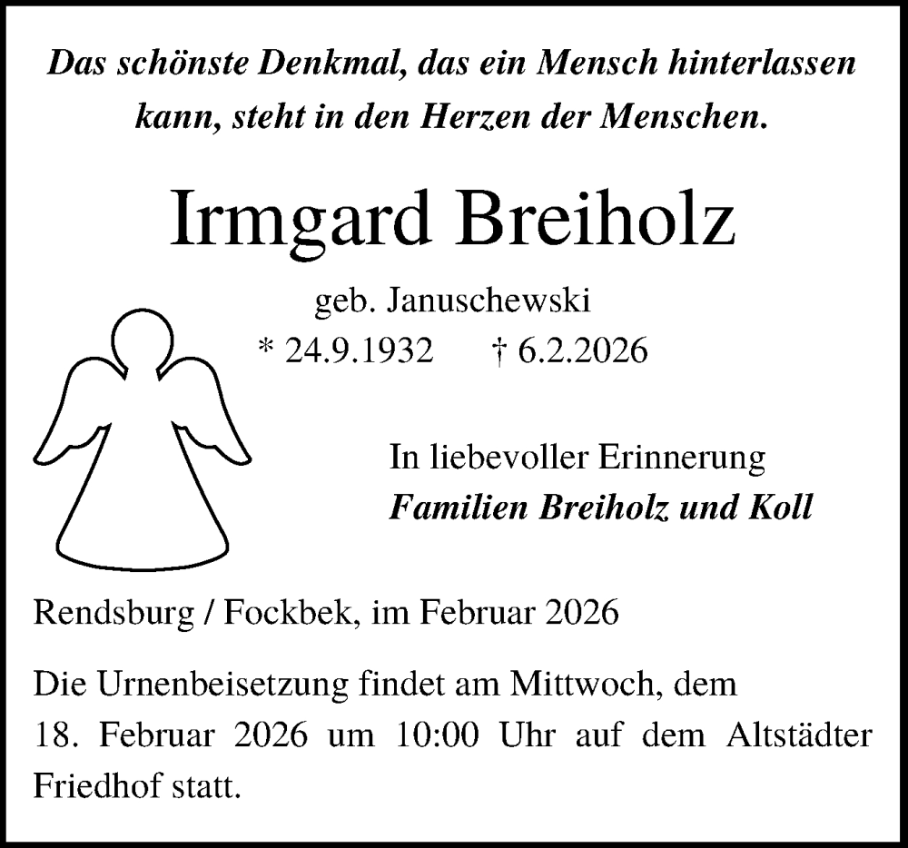  Traueranzeige für Irmgard Breiholz vom 14.02.2026 aus Schleswig-Holsteinische Landeszeitung