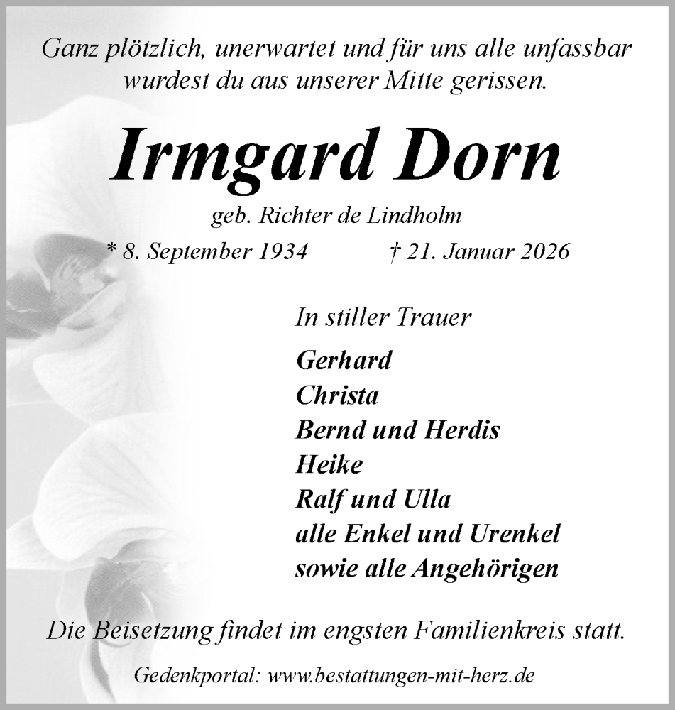  Traueranzeige für Irmgard Dorn vom 24.01.2026 aus Flensburger Tageblatt