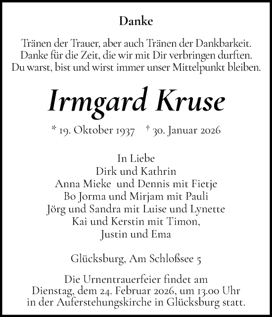 Traueranzeige von Irmgard Kruse von Flensburger Tageblatt