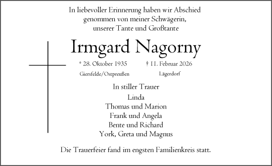 Traueranzeige von Irmgard Nagorny von Norddeutsche Rundschau, Wilstersche Zeitung, Glückstädter Fortuna