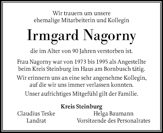 Traueranzeige von Irmgard Nagorny von Norddeutsche Rundschau, Wilstersche Zeitung, Glückstädter Fortuna
