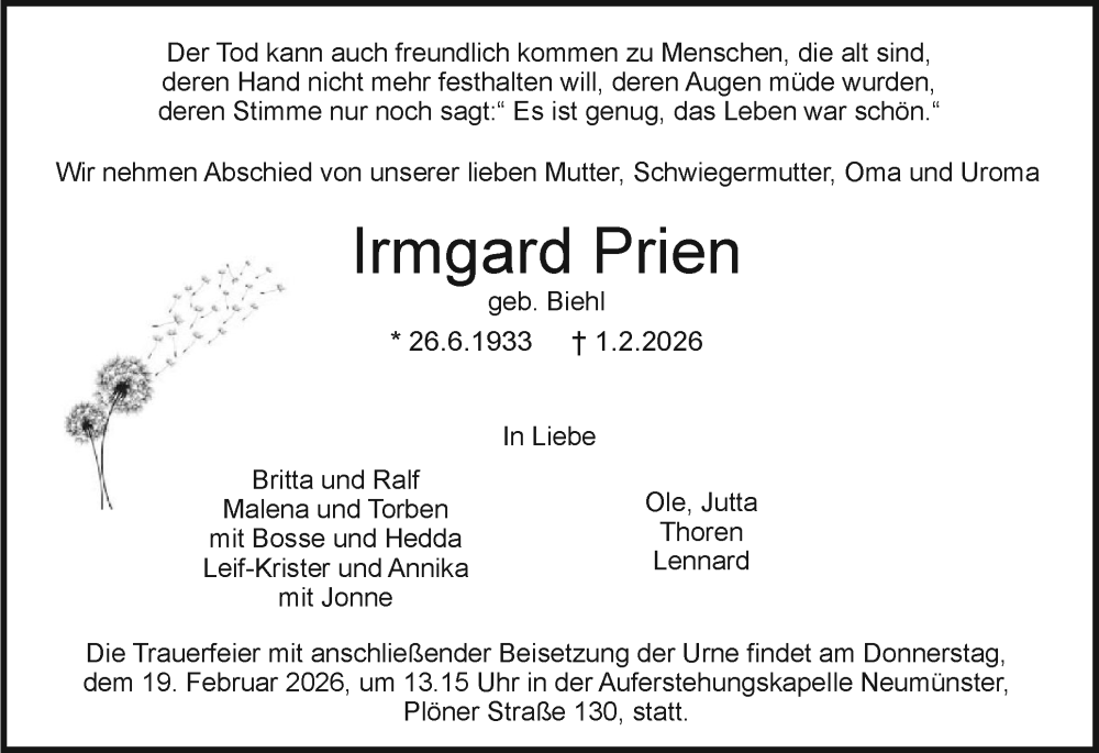  Traueranzeige für Irmgard Prien vom 14.02.2026 aus Holsteinischer Courier