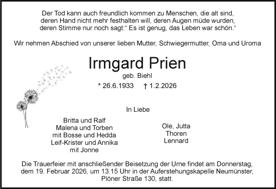 Traueranzeige von Irmgard Prien von Holsteinischer Courier